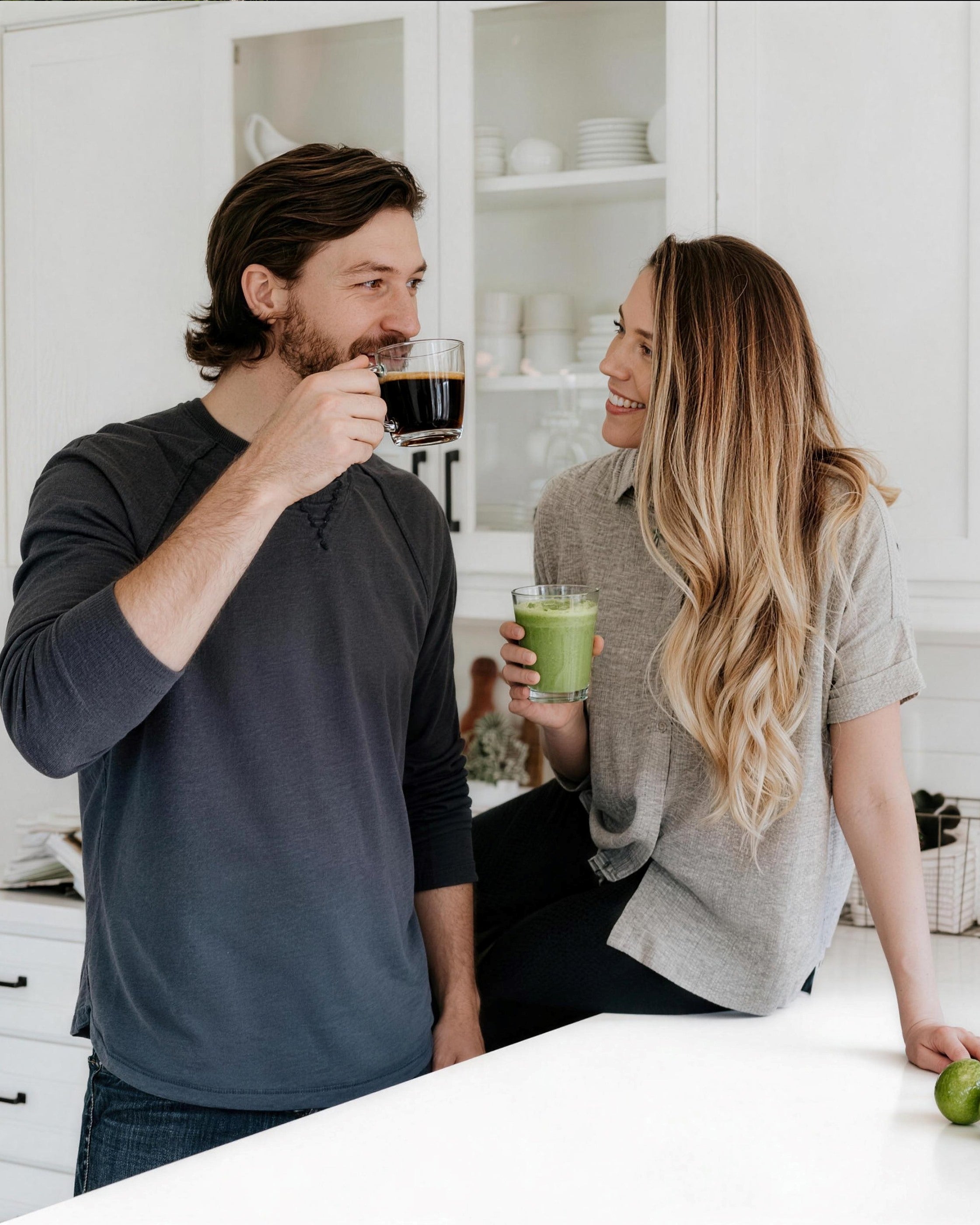 couples enjoying matcha in the kitchen